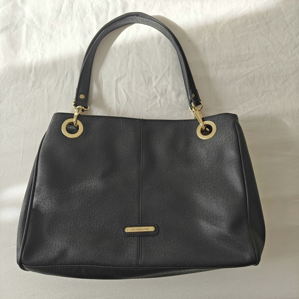Liz Claiborne Black Faux Leather Shoulder Bag Purse Gold Hardware Tote Large